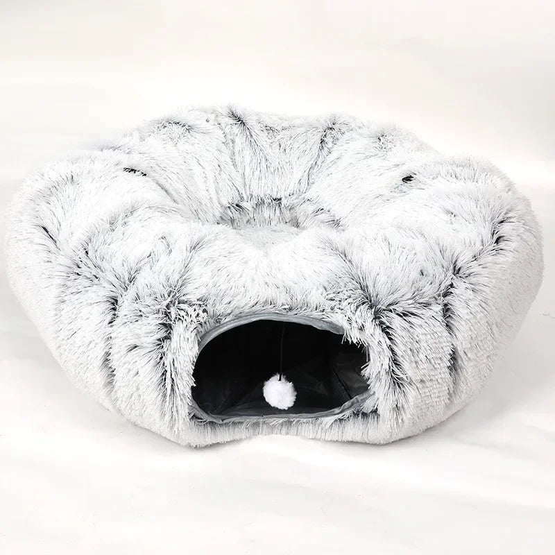 2 In1 Round Cat Beds House Funny Cat Tunnel Toy Soft Long Plush Dog Bed For Small Dogs Basket Kittens Bed Mat Kennel Deep Sleep