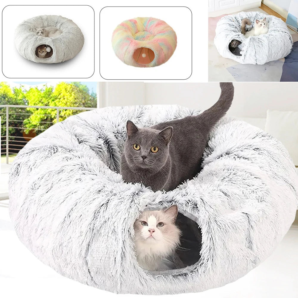 2 In1 Round Cat Beds House Funny Cat Tunnel Toy Soft Long Plush Dog Bed For Small Dogs Basket Kittens Bed Mat Kennel Deep Sleep