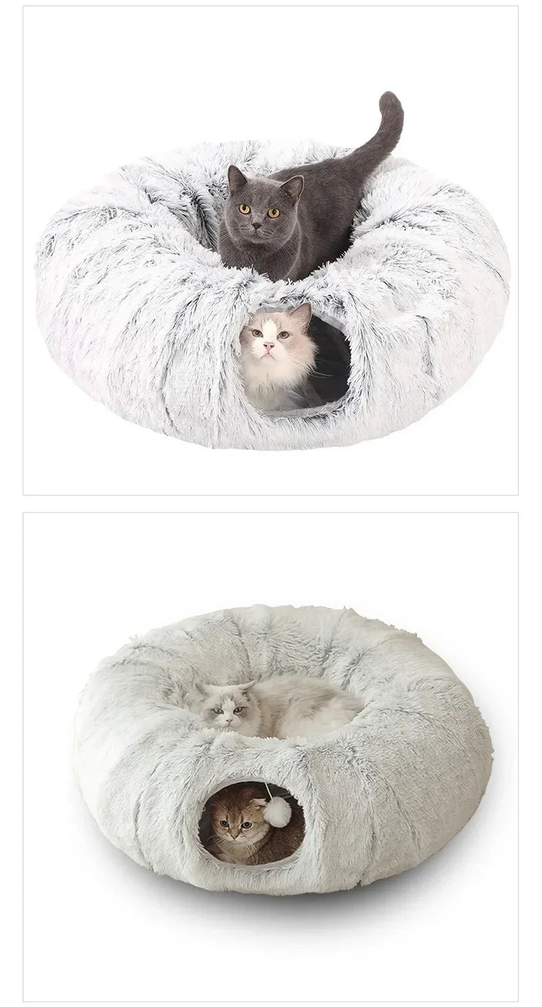 2 In1 Round Cat Beds House Funny Cat Tunnel Toy Soft Long Plush Dog Bed For Small Dogs Basket Kittens Bed Mat Kennel Deep Sleep