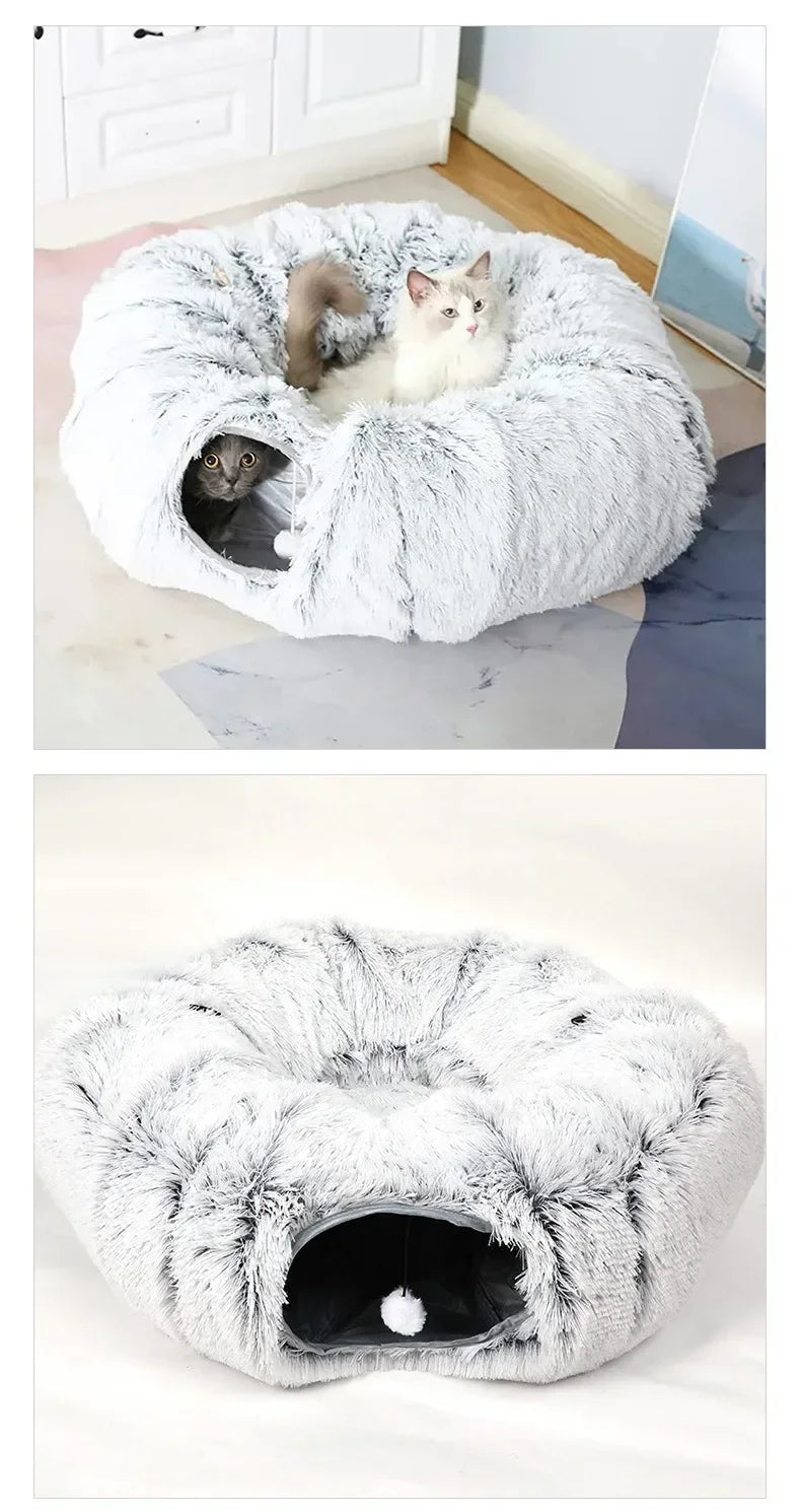 2 In1 Round Cat Beds House Funny Cat Tunnel Toy Soft Long Plush Dog Bed For Small Dogs Basket Kittens Bed Mat Kennel Deep Sleep