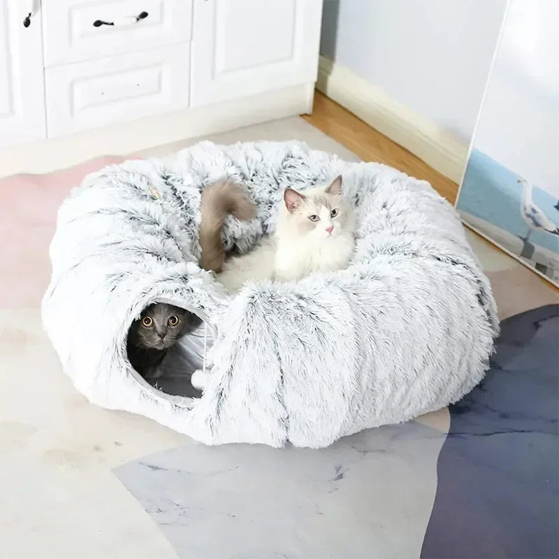 2 In1 Round Cat Beds House Funny Cat Tunnel Toy Soft Long Plush Dog Bed For Small Dogs Basket Kittens Bed Mat Kennel Deep Sleep